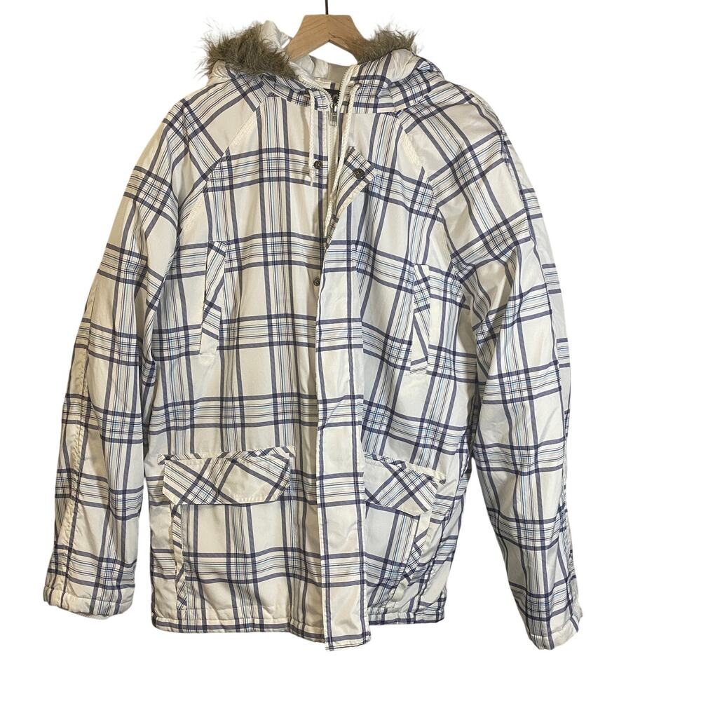 Carbon Checkered Puffy White Blue Hooded Winter Jacket Pockets Sz L